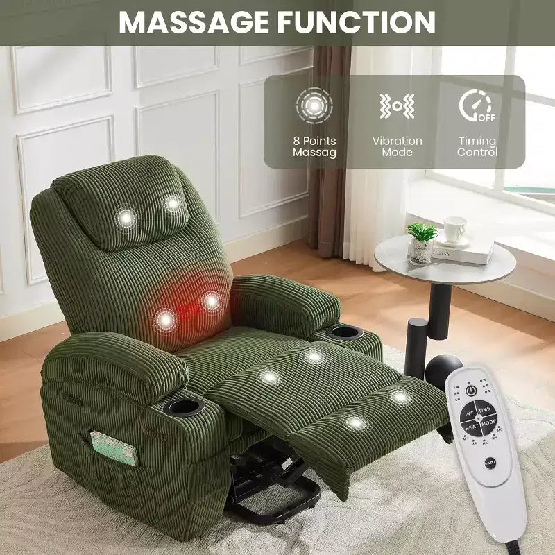 Poltrona reclinabile con massaggio e calore 155, reclinazione ergonomica, alzata assistita, doppio portabicchieri e tasche laterali, tessuto in velluto a coste per un comfort da salotto