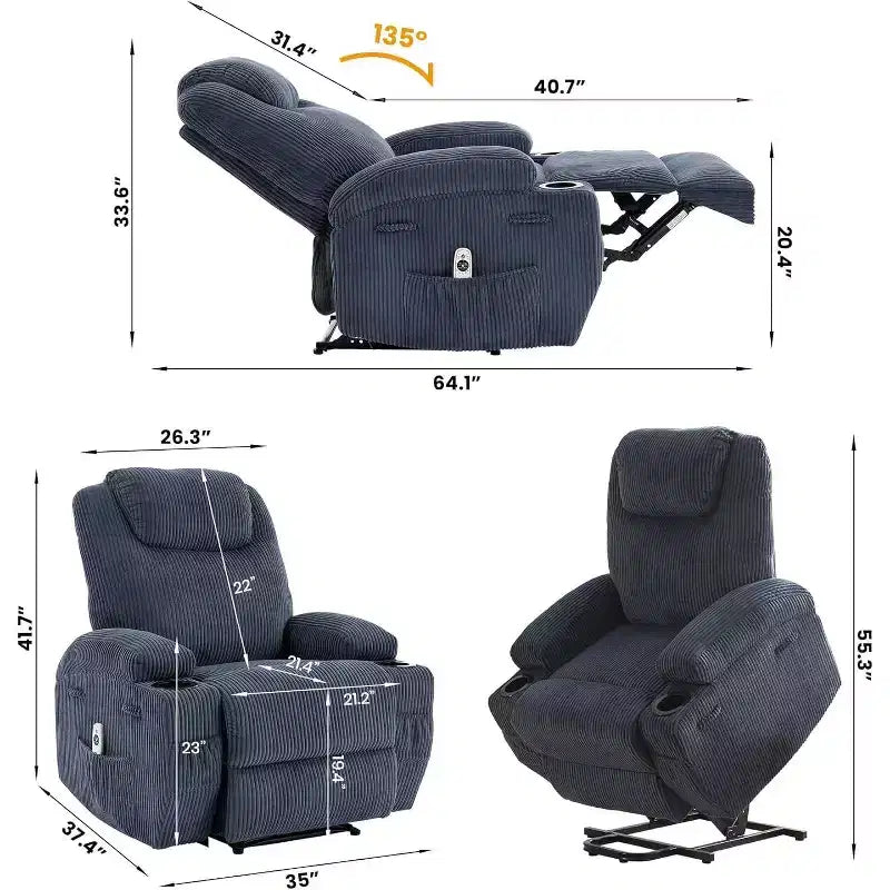 Poltrona reclinabile con massaggio e calore 155, reclinazione ergonomica, alzata assistita, doppio portabicchieri e tasche laterali, tessuto in velluto a coste per un comfort da salotto