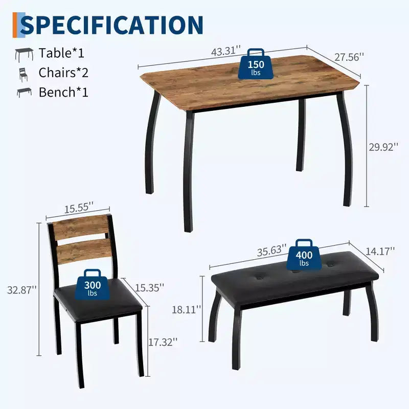 Set da pranzo 4 pezzi, tavolo da cucina con panca imbottita e 2 sedie imbottite, mobili da cucina industriali per cucina, sala da pranzo