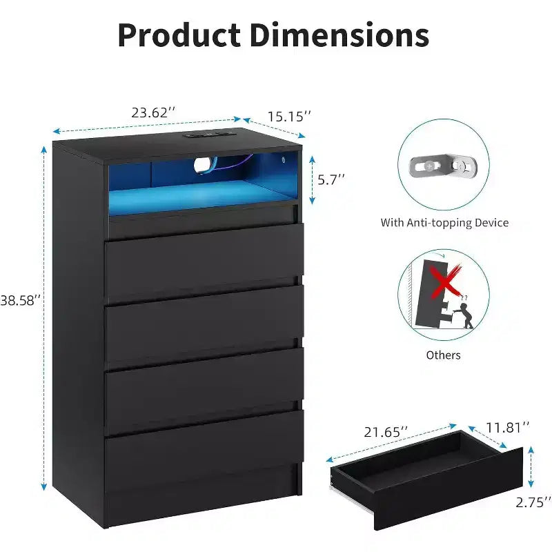 Acekool Cassettiera Nera a 4 Cassetti, Organizzatore Contenitore Moderno per Camera da Letto, Soggiorno, Ingresso