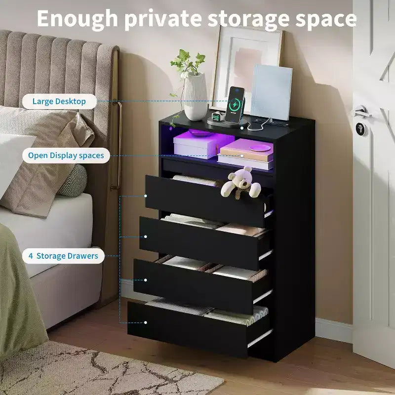 Acekool Cassettiera Nera a 4 Cassetti, Organizzatore Contenitore Moderno per Camera da Letto, Soggiorno, Ingresso