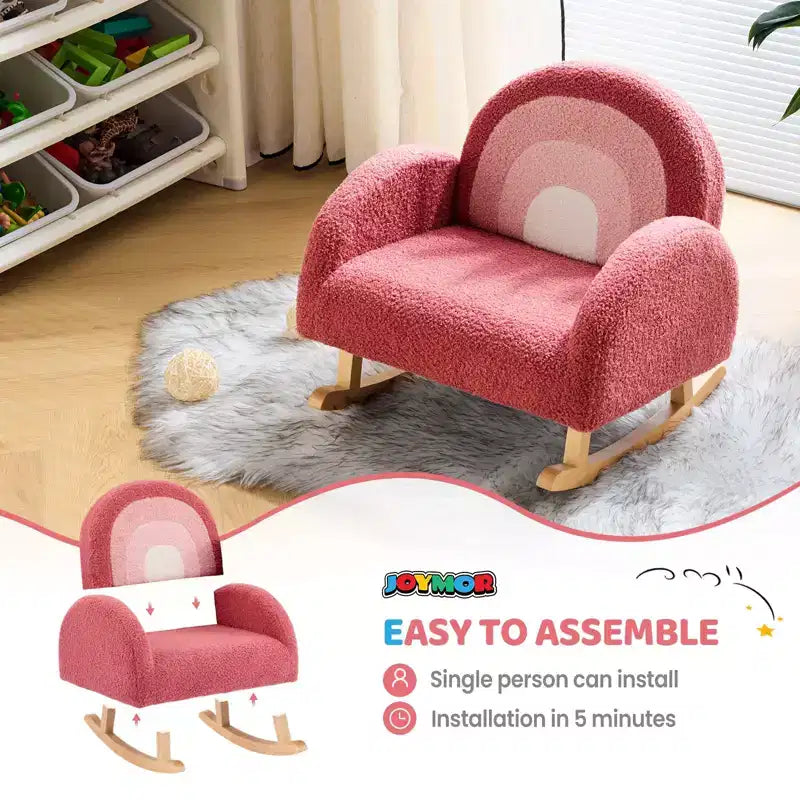 Poltrona e sedia a dondolo per bambini JOYMOR, in tessuto confortevole teddy fleece sfumato, struttura in legno, divanetto per la lettura
