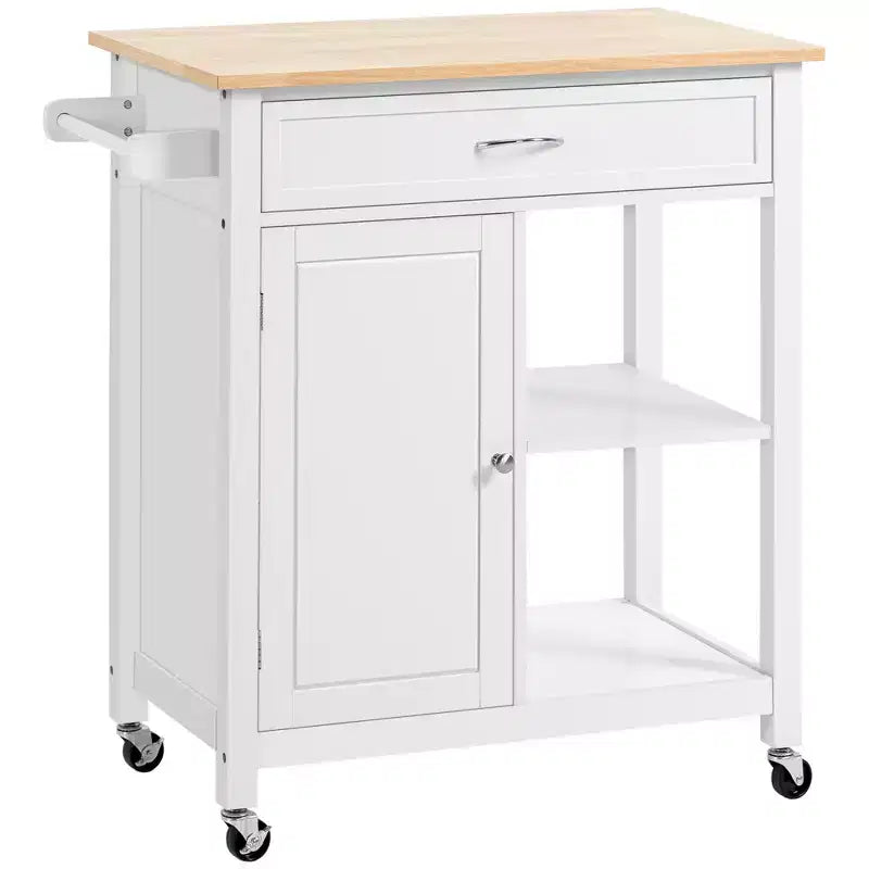 FAMYYT White Solid Rubber Wood Top 32in. Kitchen Island with Pull-Out Drawer, Adjustable Shelving, and Locking Wheels