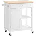 FAMYYT White Solid Rubber Wood Top 32in. Kitchen Island with Pull-Out Drawer, Adjustable Shelving, and Locking Wheels