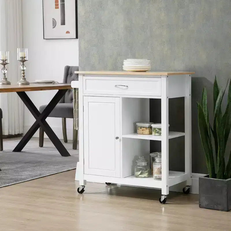 FAMYYT Isola per cucina da 32 pollici con piano in legno massiccio di gomma bianco, cassetto estraibile, ripiani regolabili e ruote bloccabili