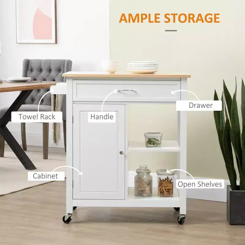 FAMYYT Isola per cucina da 32 pollici con piano in legno massiccio di gomma bianco, cassetto estraibile, ripiani regolabili e ruote bloccabili