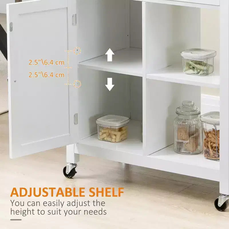 FAMYYT Isola per cucina da 32 pollici con piano in legno massiccio di gomma bianco, cassetto estraibile, ripiani regolabili e ruote bloccabili