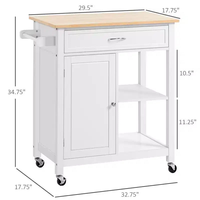 FAMYYT Isola per cucina da 32 pollici con piano in legno massiccio di gomma bianco, cassetto estraibile, ripiani regolabili e ruote bloccabili