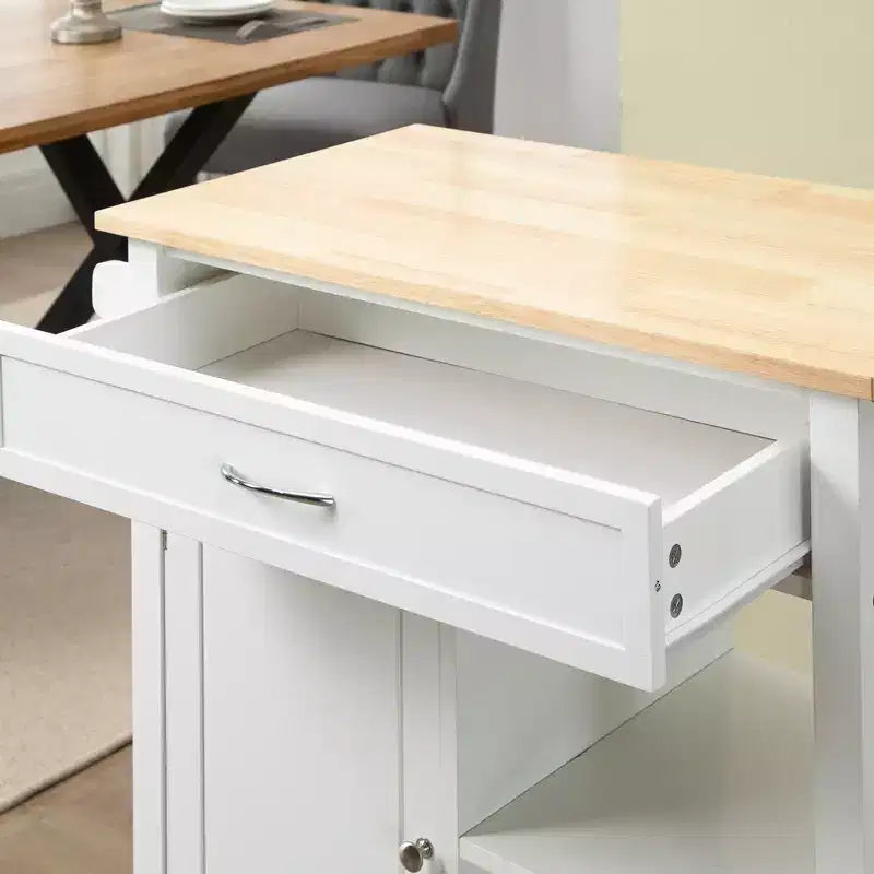 FAMYYT Isola per cucina da 32 pollici con piano in legno massiccio di gomma bianco, cassetto estraibile, ripiani regolabili e ruote bloccabili