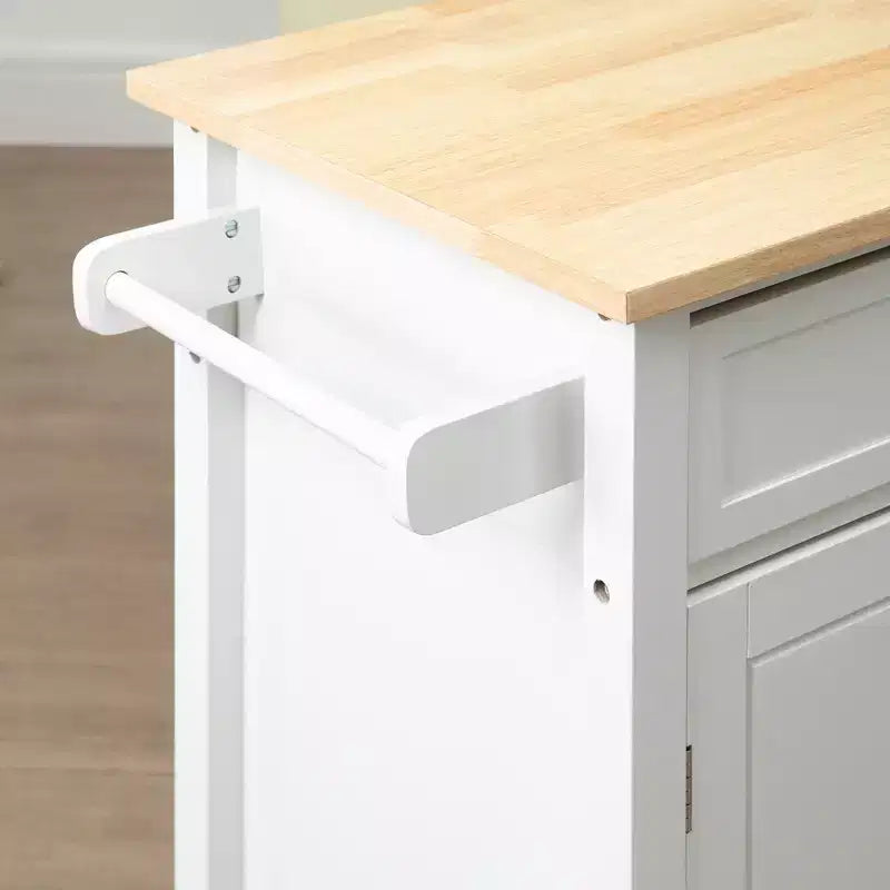 FAMYYT Isola per cucina da 32 pollici con piano in legno massiccio di gomma bianco, cassetto estraibile, ripiani regolabili e ruote bloccabili