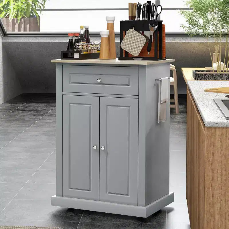 FAMYYT Grey Solid Wood Top 18 in. Kitchen Island Cart with 2 Door Cabinet and Drawers