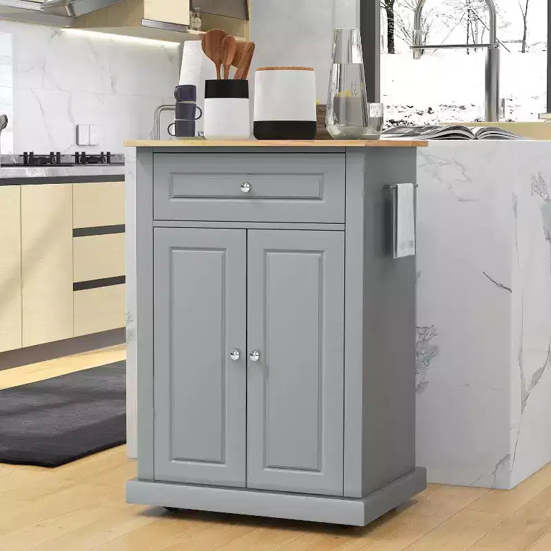 FAMYYT Carrello da Cucina Isola con piano in Legno Massello Grigio da 45,7 cm, Armadietto a 2 ante e Cassetti