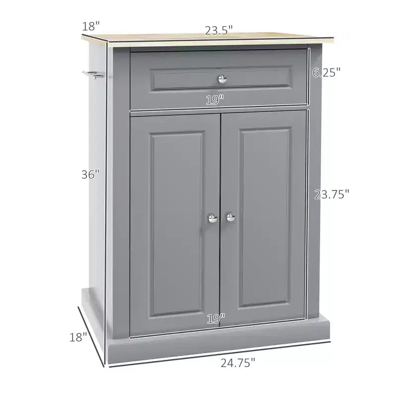 FAMYYT Carrello da Cucina Isola con piano in Legno Massello Grigio da 45,7 cm, Armadietto a 2 ante e Cassetti