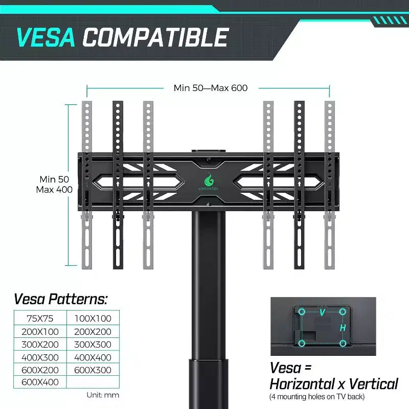 Mobile TV Greenstell con presa di corrente, supporto TV universale da pavimento per TV da 32-75 pollici, regolabile in altezza, supporto TV alto girevole con base in legno