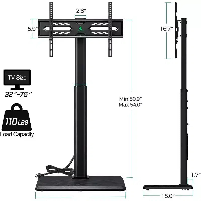 Mobile TV Greenstell con presa di corrente, supporto TV universale da pavimento per TV da 32-75 pollici, regolabile in altezza, supporto TV alto girevole con base in legno