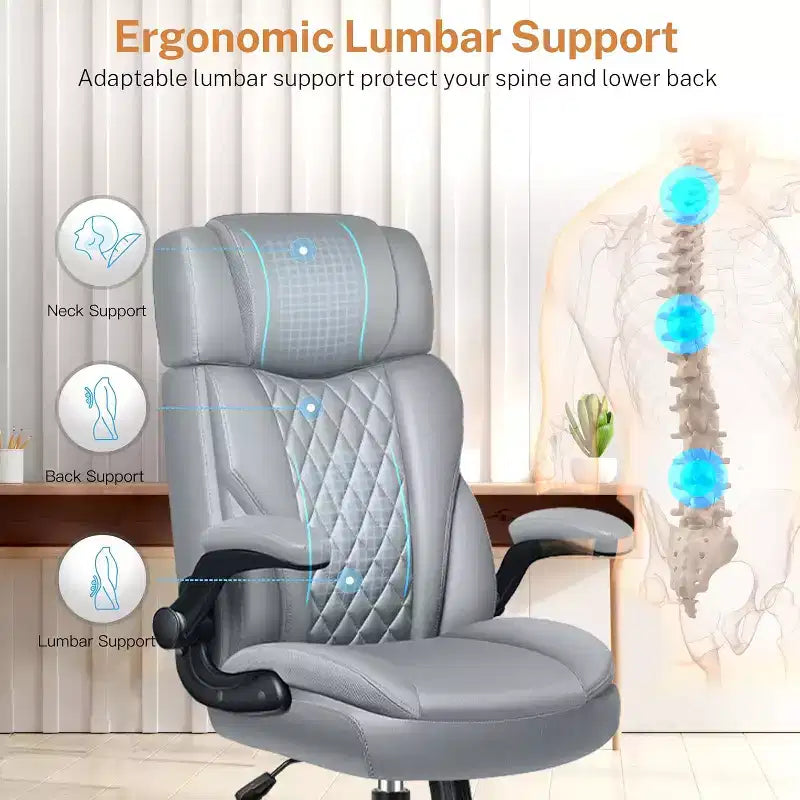 Sedia da ufficio ergonomica con poggiatesta, supporto lombare e cuscino del sedile regolabili, sedia da scrivania in pelle con funzione reclinabile per l'home office