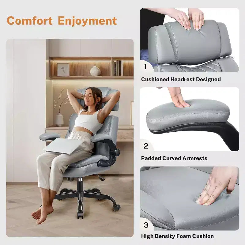 Sedia da ufficio ergonomica con poggiatesta, supporto lombare e cuscino del sedile regolabili, sedia da scrivania in pelle con funzione reclinabile per l'home office