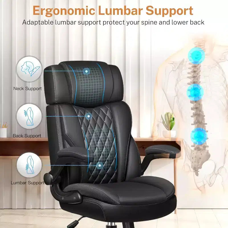 Sedia da ufficio ergonomica con poggiatesta, supporto lombare e cuscino del sedile regolabili, sedia da scrivania in pelle con funzione reclinabile per l'home office