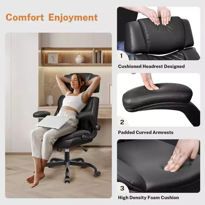 Sedia da ufficio ergonomica con poggiatesta, supporto lombare e cuscino del sedile regolabili, sedia da scrivania in pelle con funzione reclinabile per l'home office