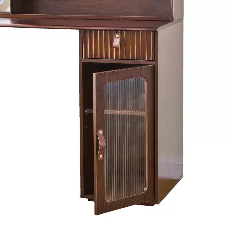 Toeletta con Specchio Scorrevole e Luci a 3 Colori, Scrivania Trucco Finitura Noce con Ripiano a Vista, Cassetto e Armadietto