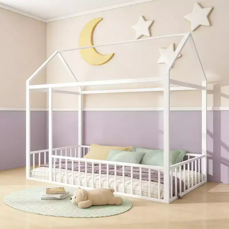 Struttura Letto a Casetta in Metallo Luxystar per Bambini e Ragazzi, Misura Singola, con Recinzione