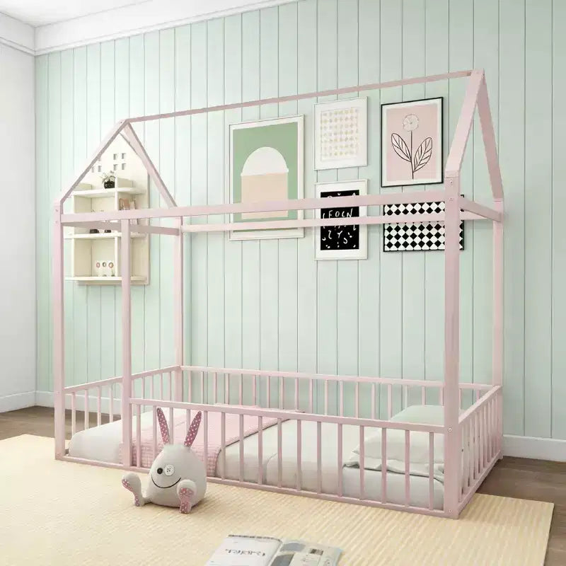 Struttura Letto a Casetta in Metallo Luxystar per Bambini e Ragazzi, Misura Singola, con Recinzione