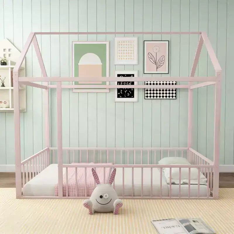 Struttura Letto a Casetta in Metallo Luxystar per Bambini e Ragazzi, Misura Singola, con Recinzione