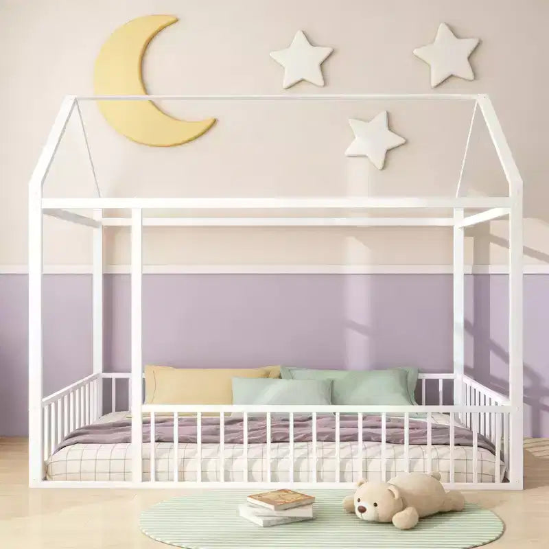 Struttura Letto a Casetta in Metallo Luxystar per Bambini e Ragazzi, Misura Singola, con Recinzione