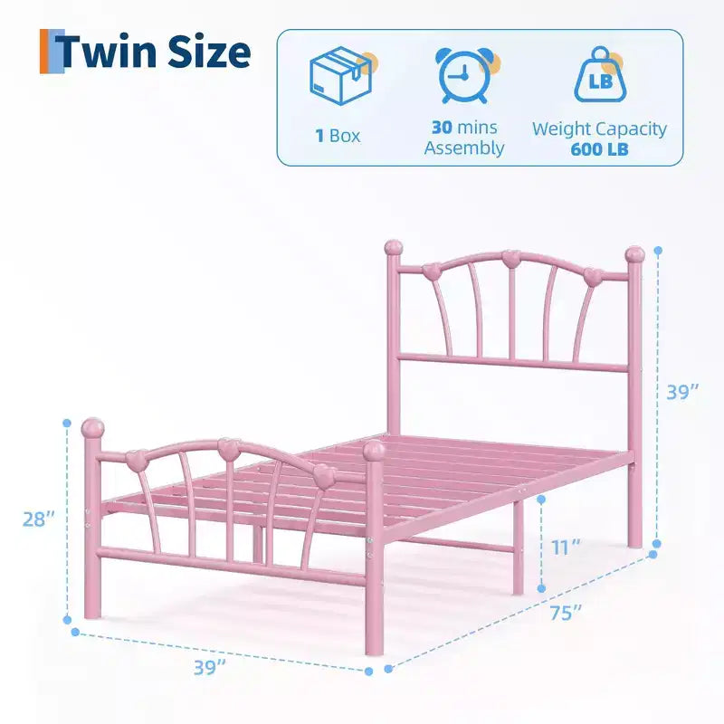 Telaio del letto singolo in metallo, telai del letto singolo per ragazze, letto resistente con testiera e pediera a forma di cuore, nessuna necessità di rete a doghe/silenzioso