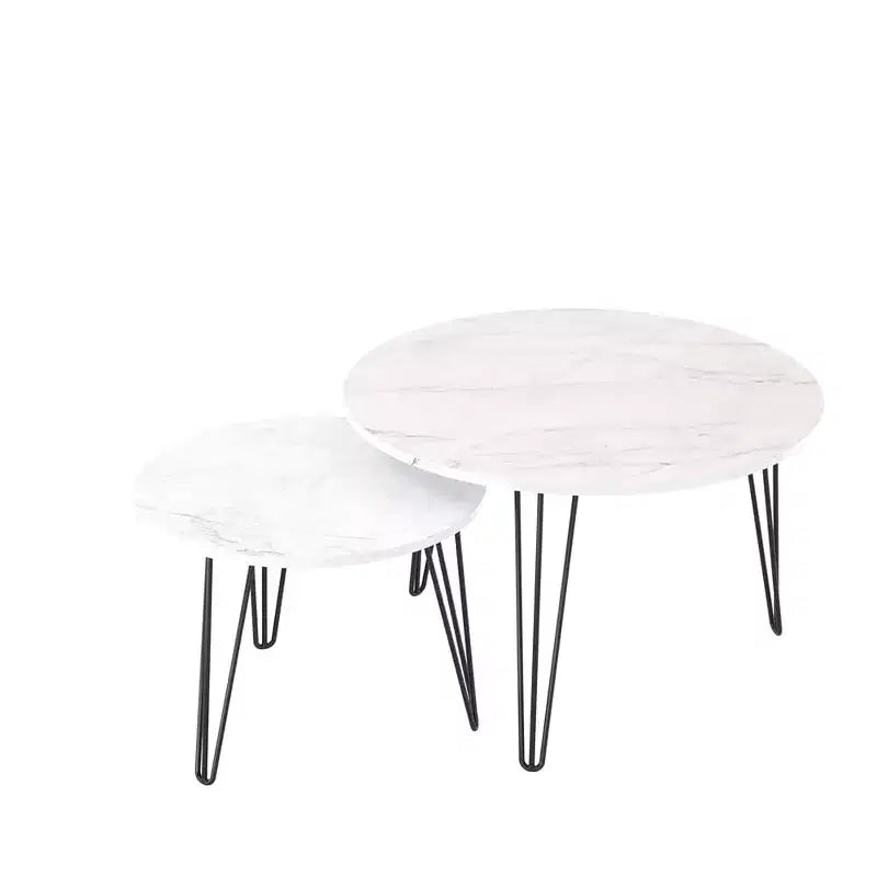 Set di 2 tavolini da caffè rotondi impilabili, piano in finto marmo da 60 cm con struttura in metallo, tavolini in legno per soggiorno