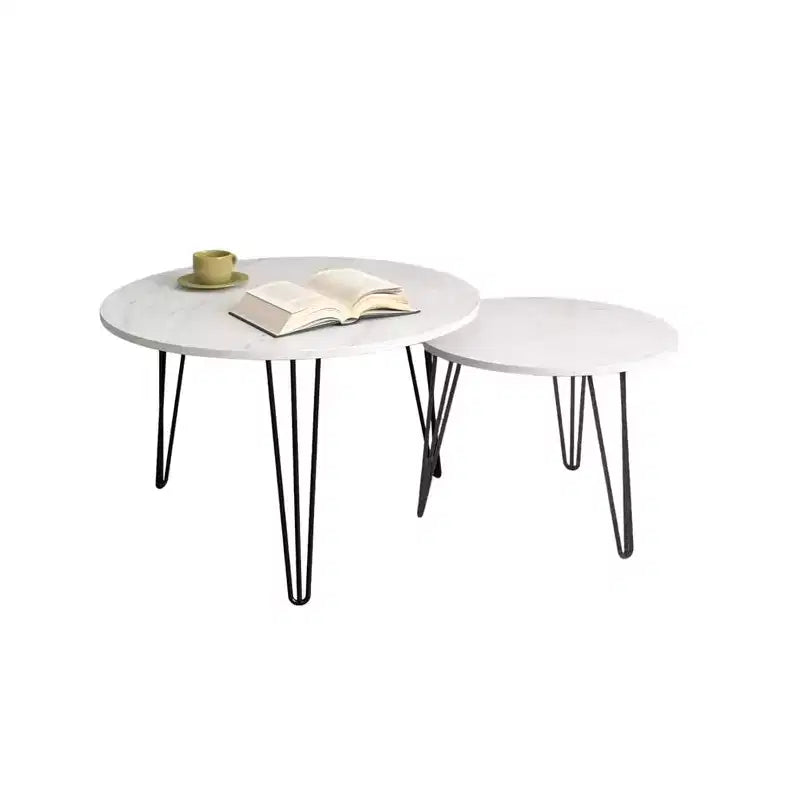 Set di 2 tavolini da caffè rotondi impilabili, piano in finto marmo da 60 cm con struttura in metallo, tavolini in legno per soggiorno
