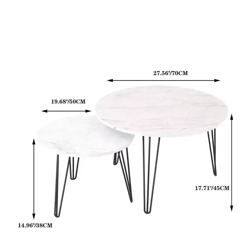 Set di 2 tavolini da caffè rotondi impilabili, piano in finto marmo da 60 cm con struttura in metallo, tavolini in legno per soggiorno