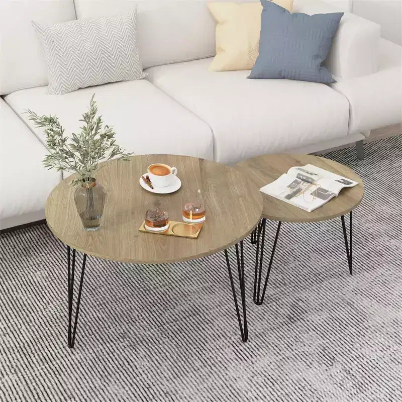 Set di 2 tavolini da caffè rotondi impilabili, piano in finto marmo da 60 cm con struttura in metallo, tavolini in legno per soggiorno
