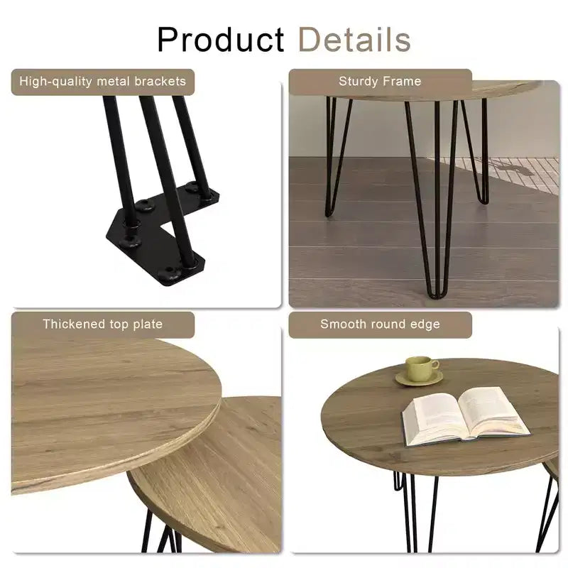 Set di 2 tavolini da caffè rotondi impilabili, piano in finto marmo da 60 cm con struttura in metallo, tavolini in legno per soggiorno