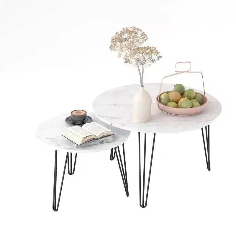 Set di 2 tavolini da caffè rotondi impilabili, piano in finto marmo da 60 cm con struttura in metallo, tavolini in legno per soggiorno