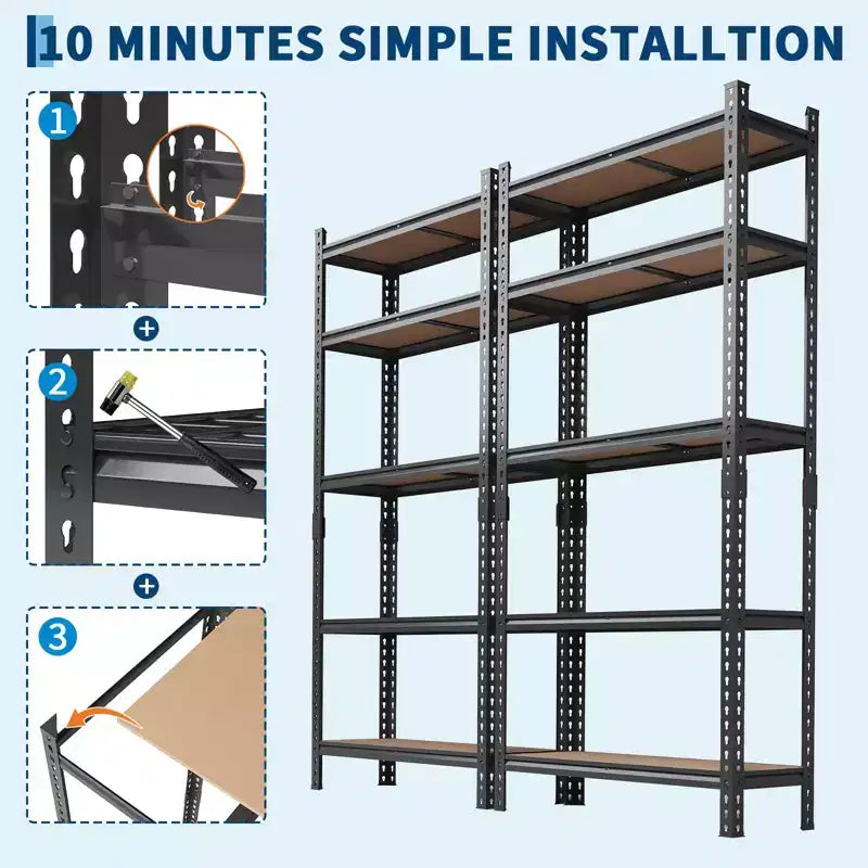 Scaffali portaoggetti, set da 4 scaffali in metallo a 5 ripiani, resistenti, regolabili, per garage, 183A x 90L x 30P cm, Neri