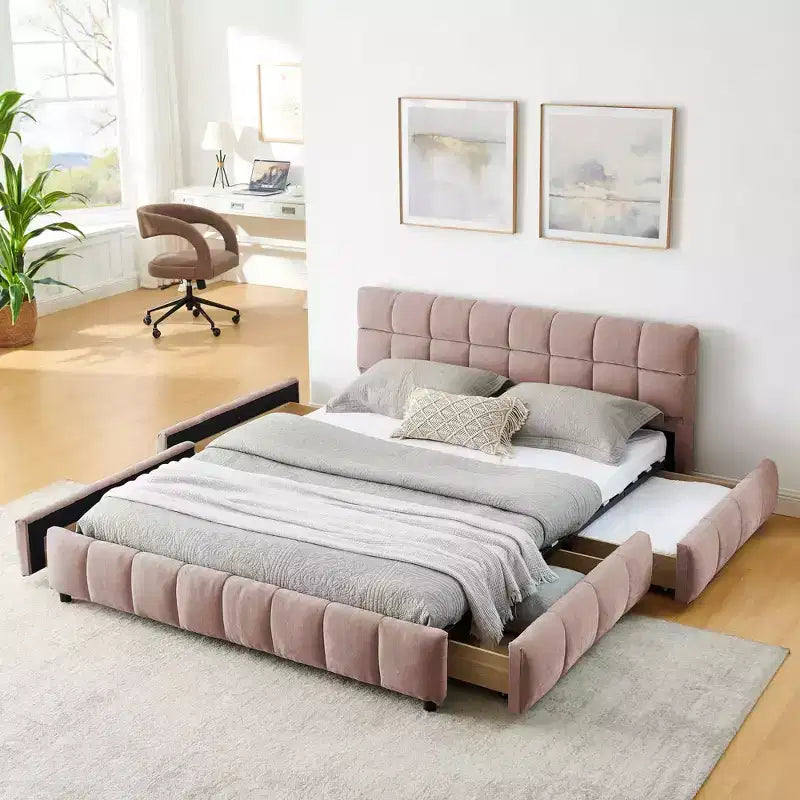MAYEERTY Letto imbottito Queen Size, giroletto imbottito, testiera, struttura letto solida con cassetto portaoggetti, rosa