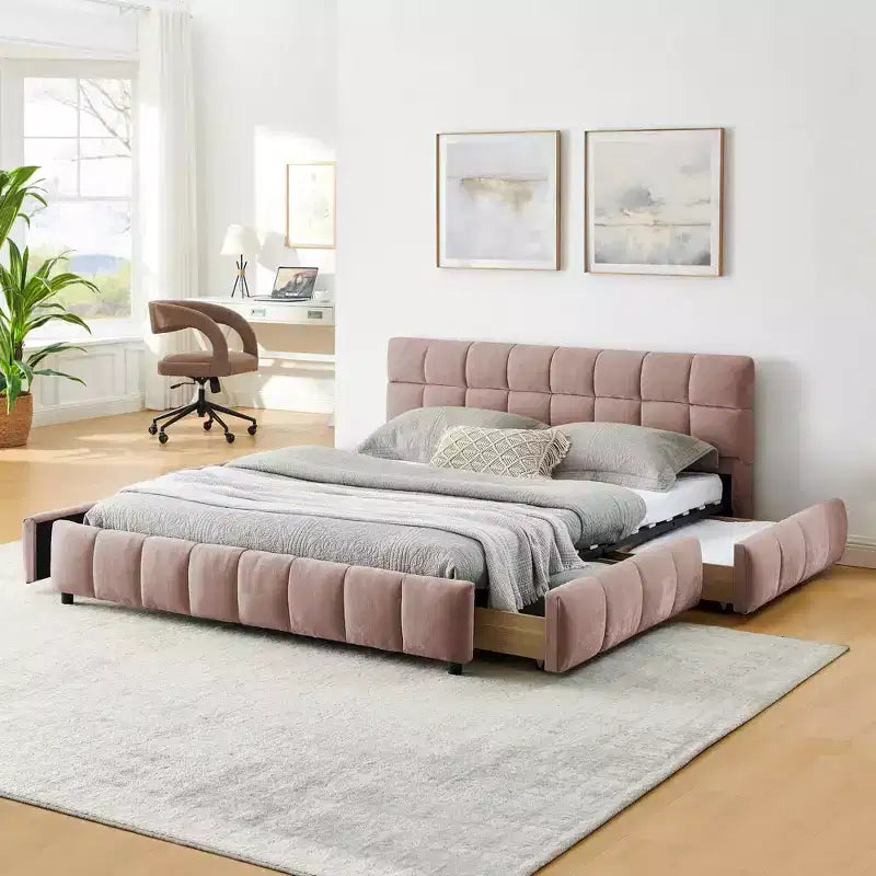 MAYEERTY Letto imbottito Queen Size, giroletto imbottito, testiera, struttura letto solida con cassetto portaoggetti, rosa