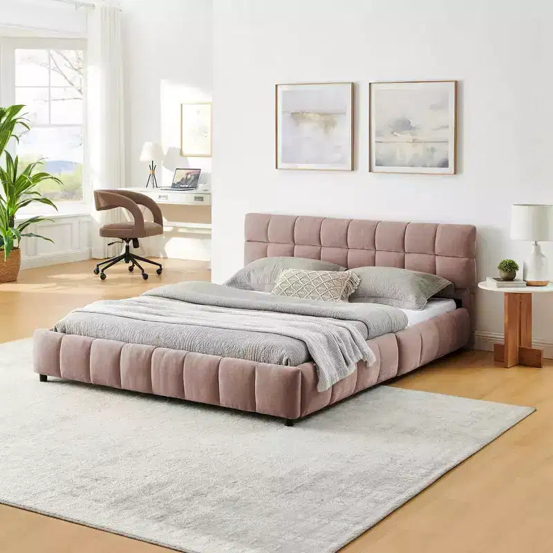 MAYEERTY Letto imbottito Queen Size, giroletto imbottito, testiera, struttura letto solida con cassetto portaoggetti, rosa