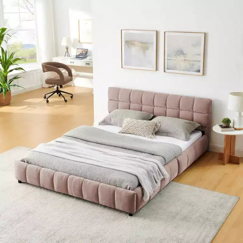 MAYEERTY Letto imbottito Queen Size, giroletto imbottito, testiera, struttura letto solida con cassetto portaoggetti, rosa