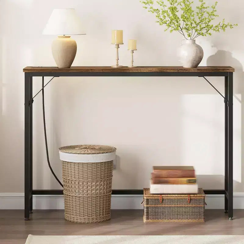 Tavolo Consolle con Stazione di Ricarica, Scrivania Lunga e Sottile Dietro il Divano con Prese di Corrente e Porte USB, Tavolo d'Ingresso Sottile per Ingresso, Soggiorno, Corridoio
