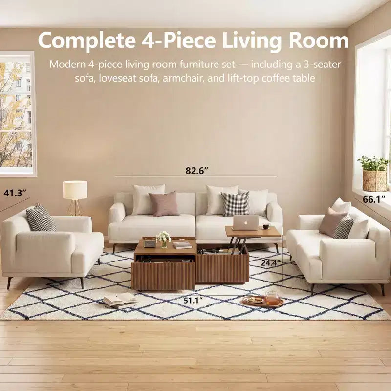 Divano moderno da 110.2 pollici a 4 posti con seduta profonda, 4 cuscini schienale e 2 cuscini decorativi, gambe in metallo, beige per soggiorno