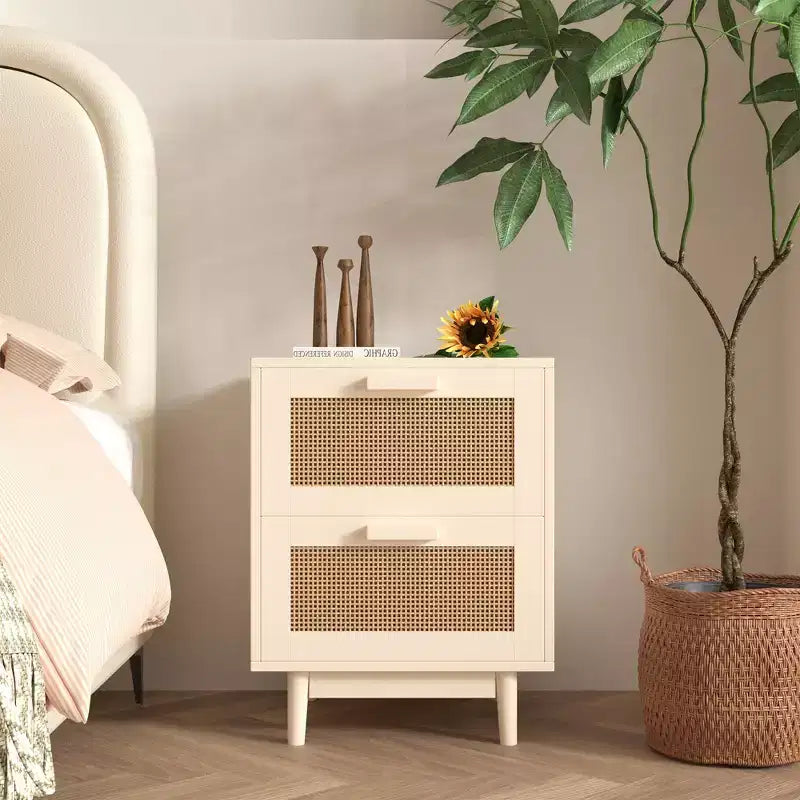 Comodino in Rattan, Tavolino in Legno, Tavolino con 2 Cassetti Decorati in Finto Rattan, Comodino, Tavolino in Legno con Contenitore per Soggiorno