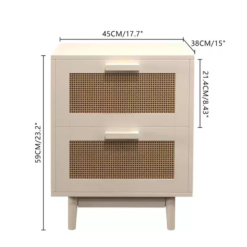 Comodino in Rattan, Tavolino in Legno, Tavolino con 2 Cassetti Decorati in Finto Rattan, Comodino, Tavolino in Legno con Contenitore per Soggiorno