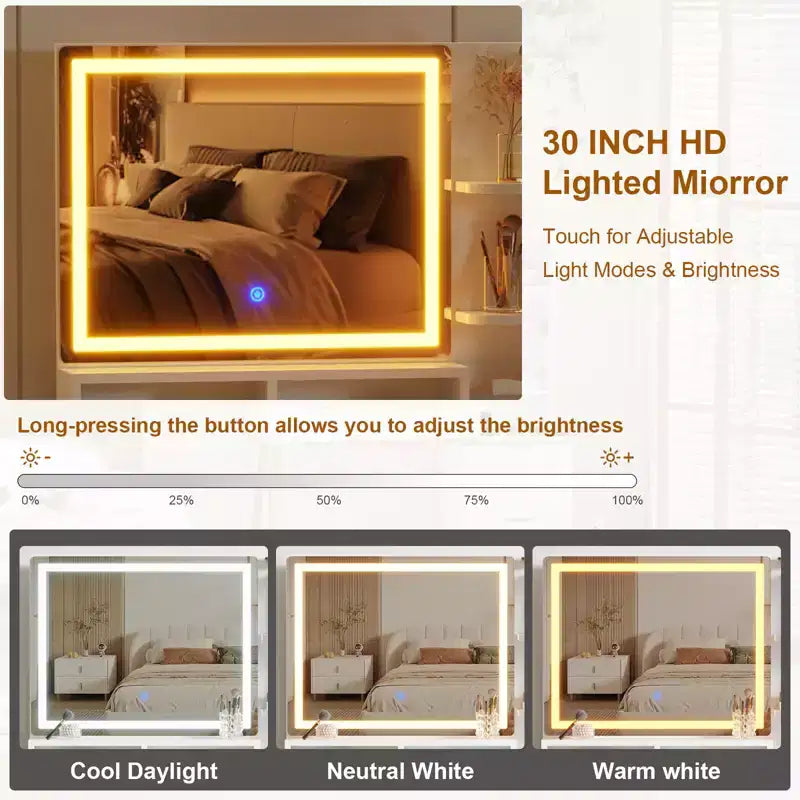 Scrivania da toeletta scanalata, scrivania da trucco con 5 cassetti, ripiano portaoggetti, illuminazione a 3 colori con luminosità regolabile per camera da letto
