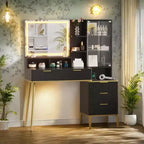Scrivania da toeletta scanalata, scrivania da trucco con 5 cassetti, ripiano portaoggetti, illuminazione a 3 colori con luminosità regolabile per camera da letto