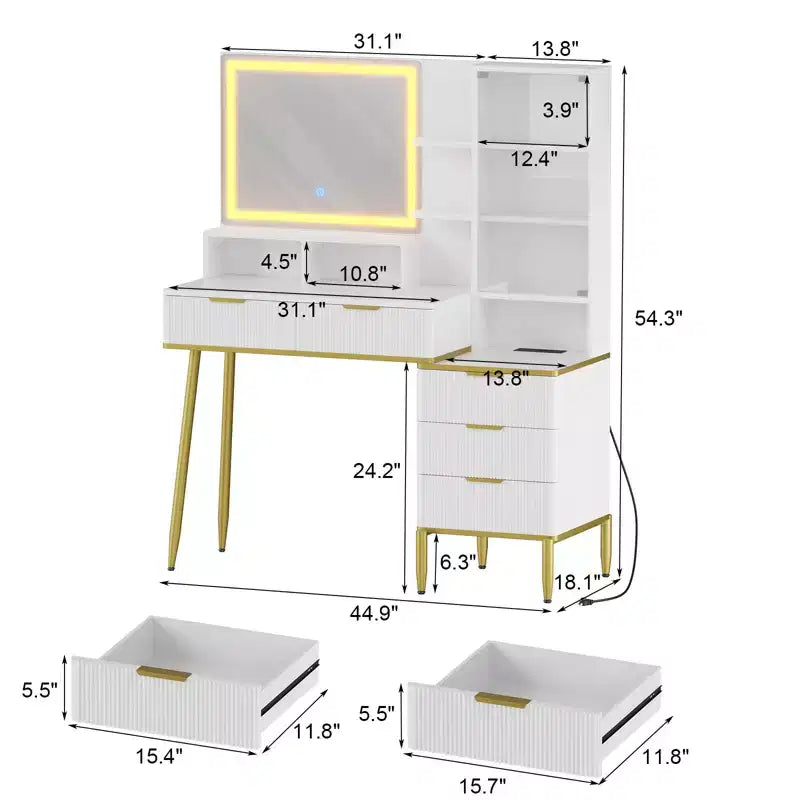 Scrivania da toeletta scanalata, scrivania da trucco con 5 cassetti, ripiano portaoggetti, illuminazione a 3 colori con luminosità regolabile per camera da letto