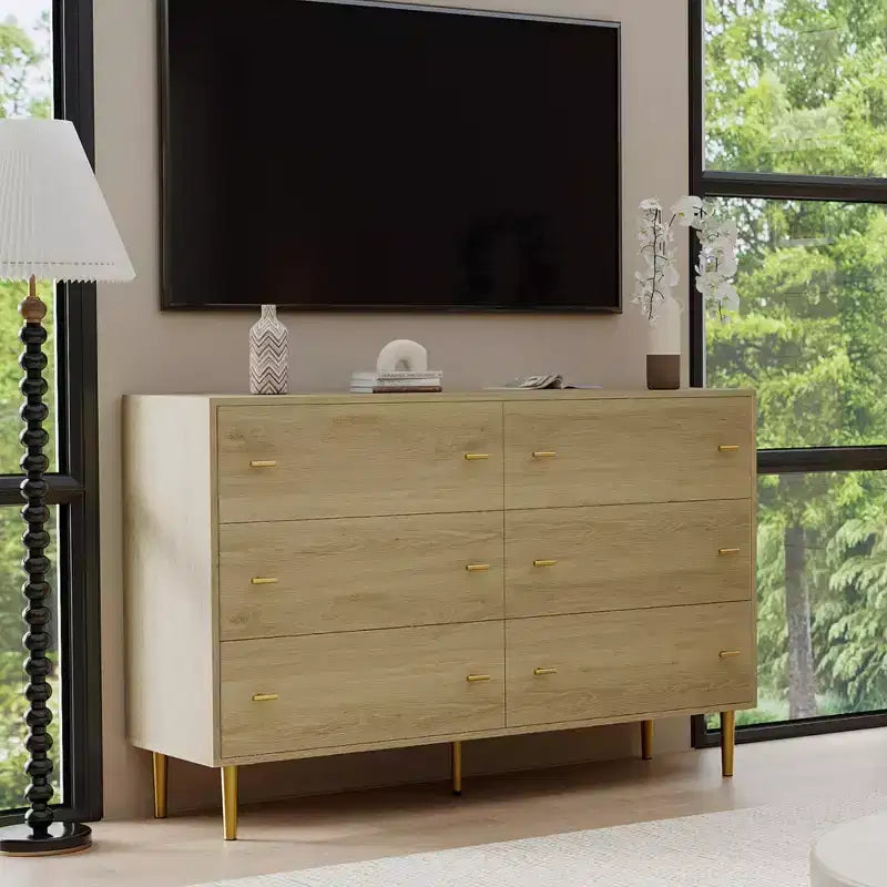 Cassettiera a 6 cassetti, Cassettiera larga 120 cm, Cassettiera rustica in legno con cassetti grandi e maniglie a barra, Organizzatore di cassetti per il soggiorno