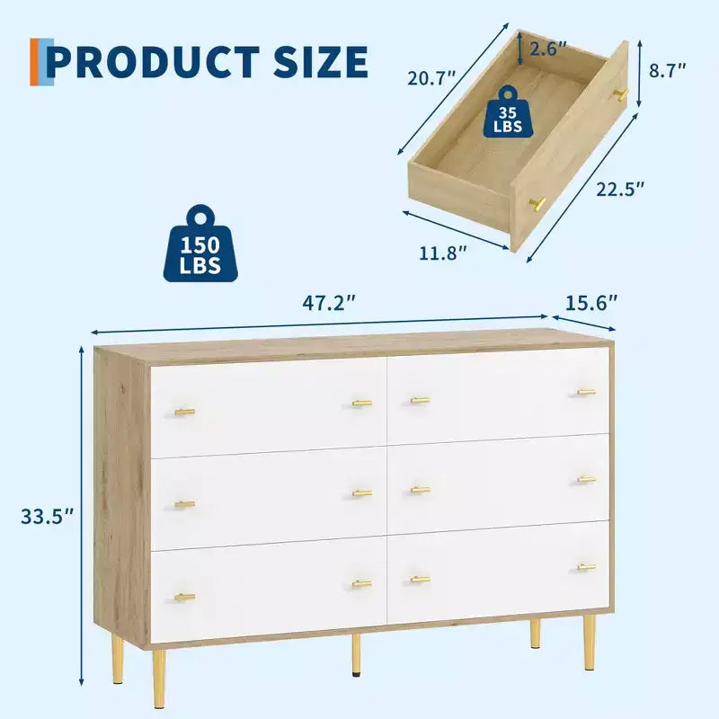 Cassettiera a 6 cassetti, Cassettiera larga 120 cm, Cassettiera rustica in legno con cassetti grandi e maniglie a barra, Organizzatore di cassetti per il soggiorno
