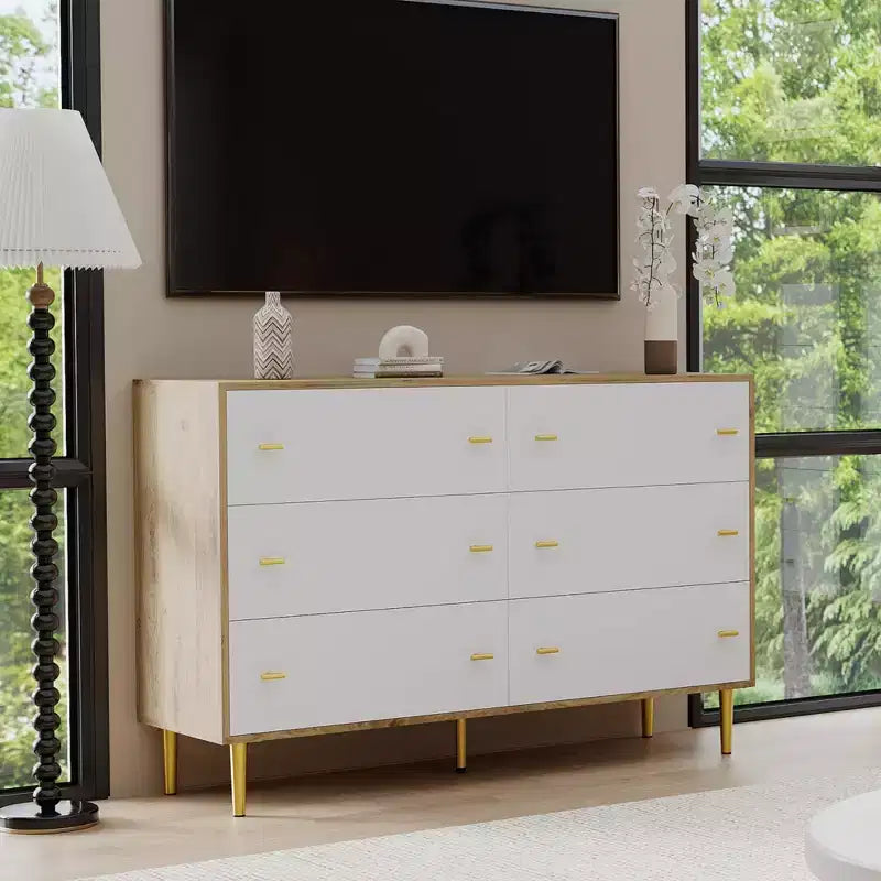 Cassettiera a 6 cassetti, Cassettiera larga 120 cm, Cassettiera rustica in legno con cassetti grandi e maniglie a barra, Organizzatore di cassetti per il soggiorno